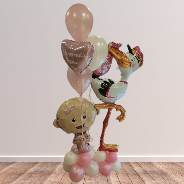 Composizione nascita con cicogna, cuore e bimba