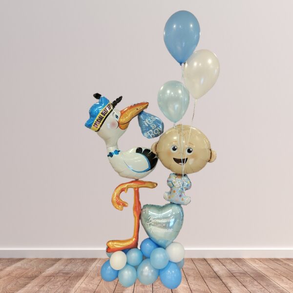 Composizione con cicogna, bimbo e cuore