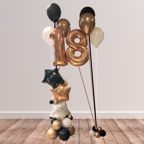 Composizione diciottesimo con tre festeggiati oro, nero e bianco