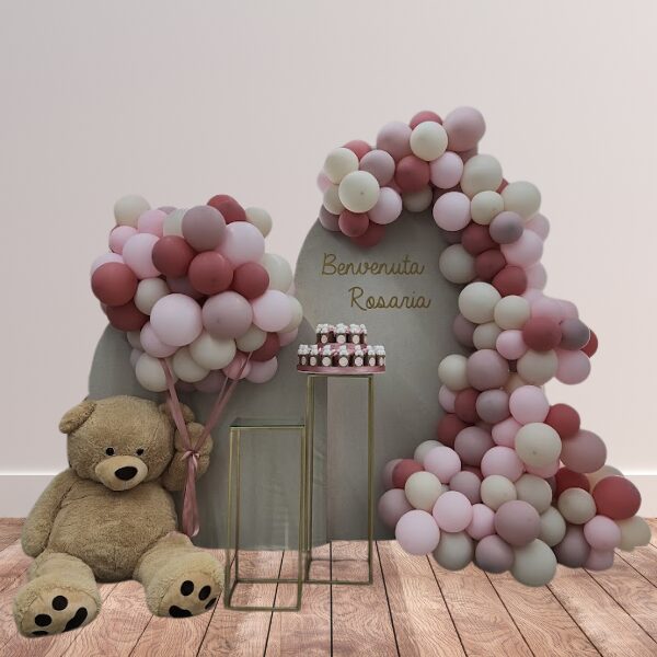 Pannello con organico, orso, mongolfiera per nascita baby shower