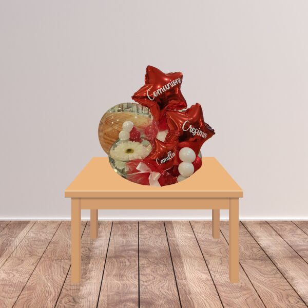 Composizione da tavolo boule con fiore e acqua comunione e cresima